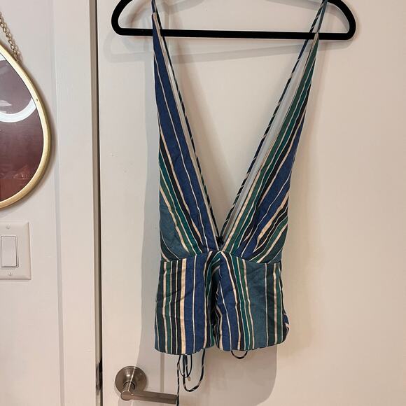 NWT Zara Linen Blend V-neck Sleeveless Striped Pattern Blouse Top Size Medium - Picture 2 of 7